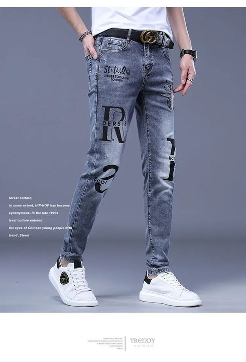 Slim Fit Korean Streetwear Graphical Printed Luxury Hip-Hop Stretch Denim Jeans for Men - Perfect Medium Wash Jeans Outfit